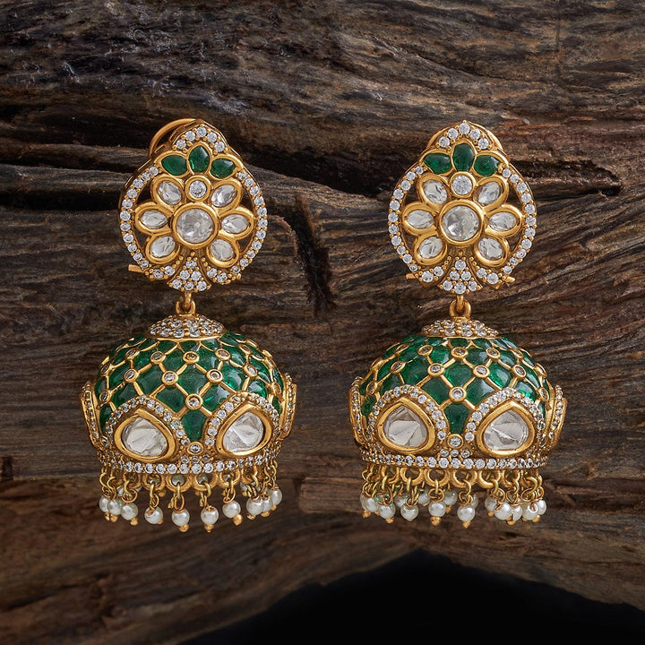 Unique Green Victorian-Plated Kundan Jhumkas with Polki and Pearl Dangling