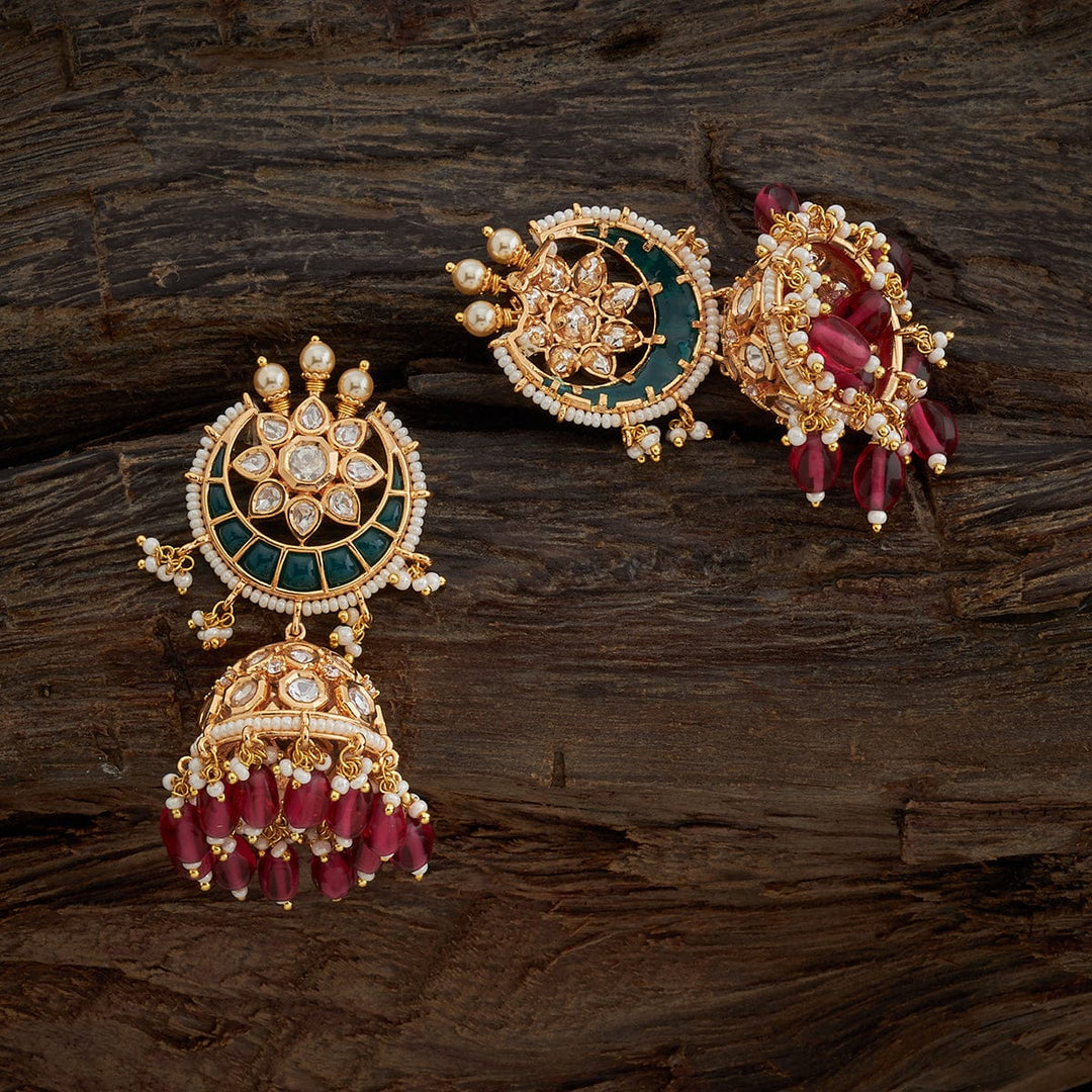 Ornate Gold-Plated Chandbalis with Intricate Kundan Work, Ruby-like Stones, and Dangling Pearls
