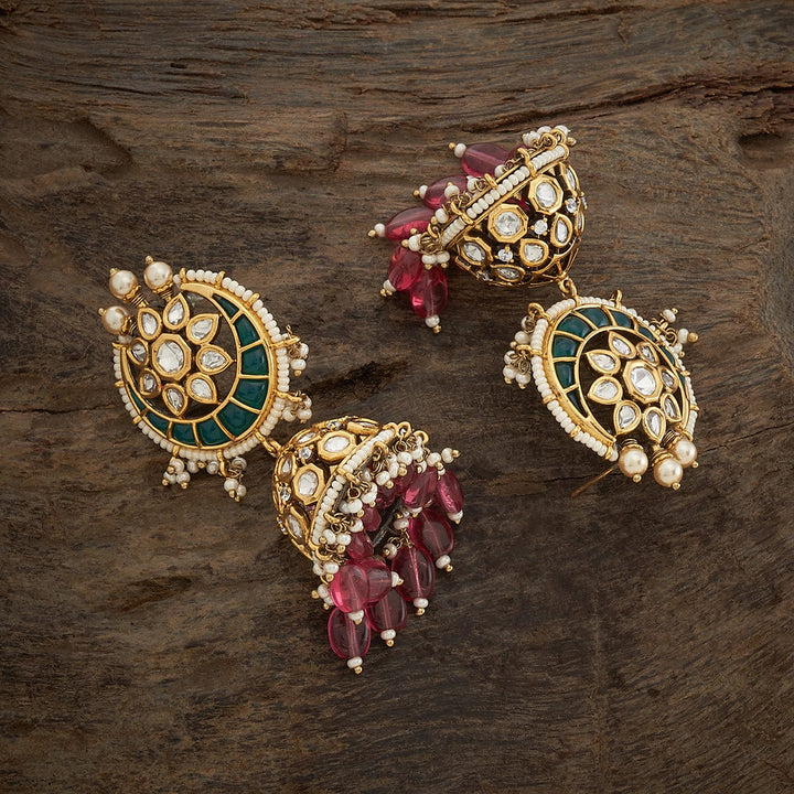 Ornate Gold-Plated Chandbalis with Intricate Kundan Work, Ruby-like Stones, and Dangling Pearls
