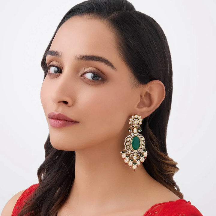 Dazzling Gold-Plated Kundan Chandbali Style Earrings Featuring Emerald Green Stones, Polki, and Pearly Drops