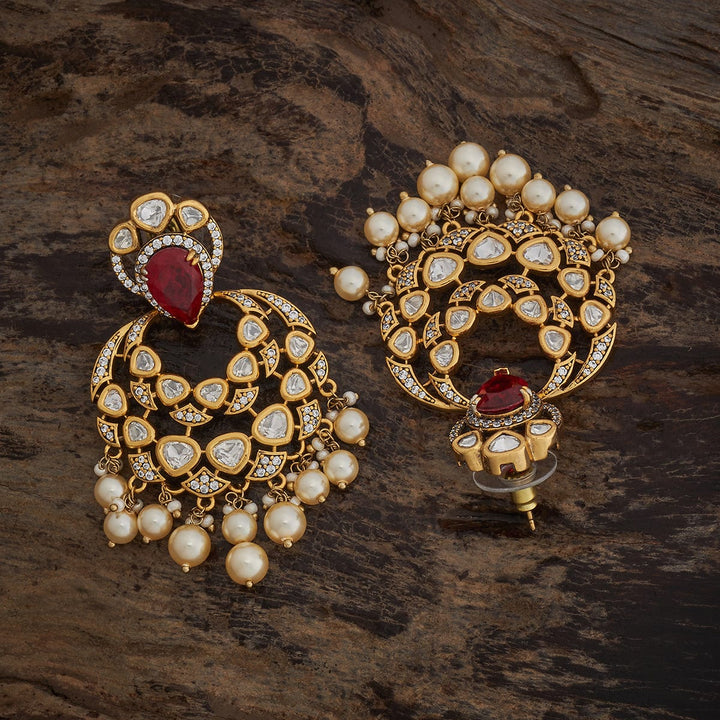 Cz Kundan Earring with dangling pearls