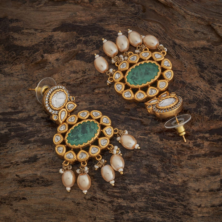 Mint Kundan Earring with dangling pearls