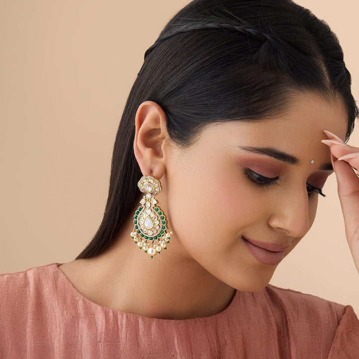 Gold Plated Kundan Teardrop Design Earrings with White Stone and Dangling Pearls
