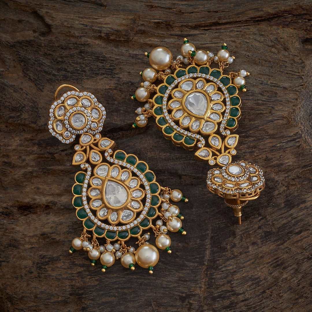 Gold Plated Kundan Teardrop Design Earrings with White Stone and Dangling Pearls