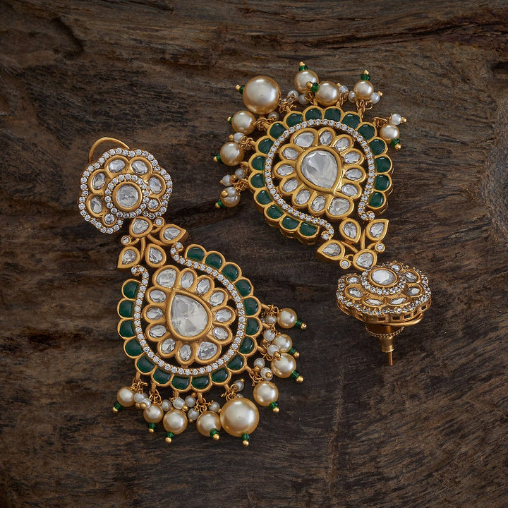 Gold Plated Kundan Teardrop Design Earrings with White Stone and Dangling Pearls