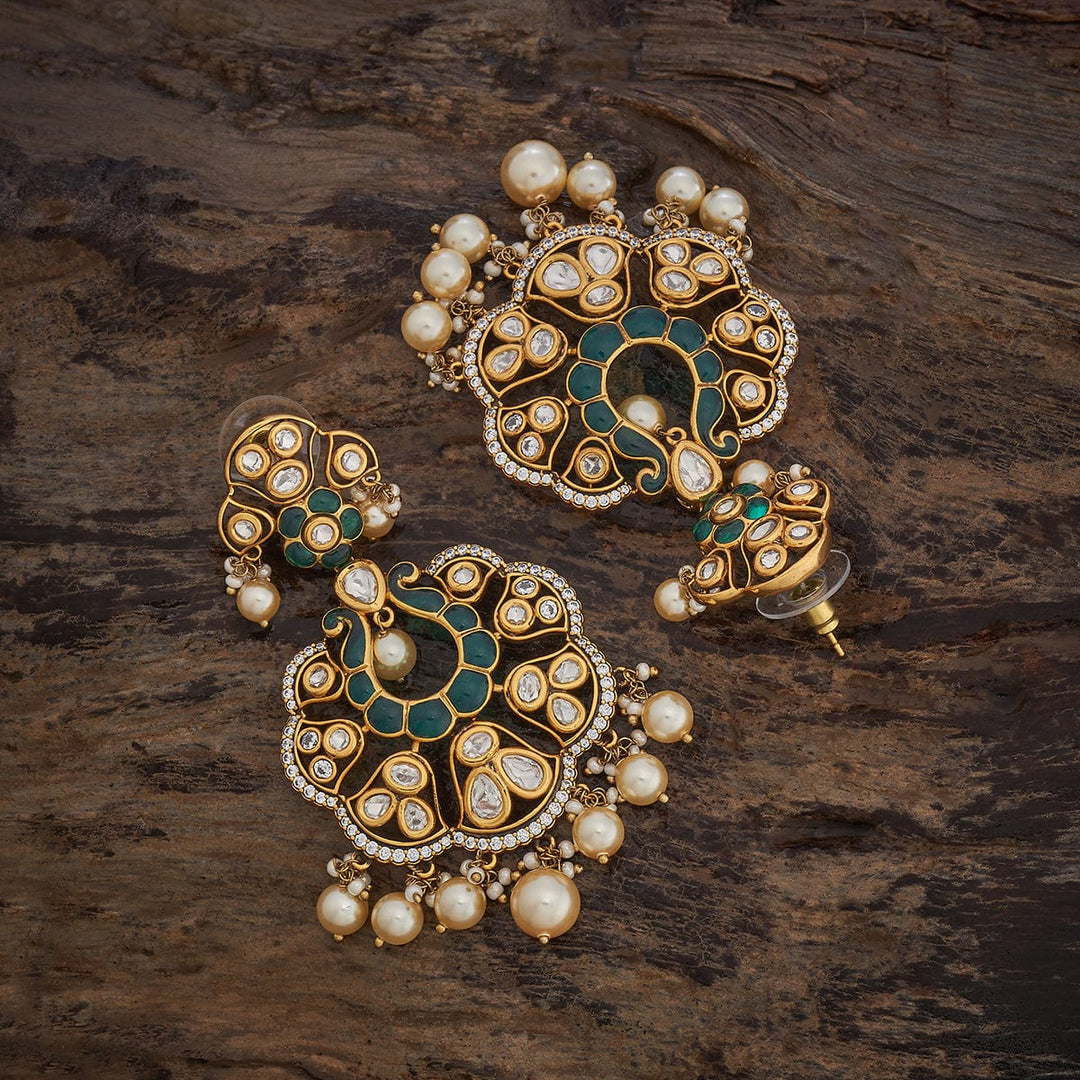 8 cm Kundan Earrings With Zircon Stones And Dangling Pearls