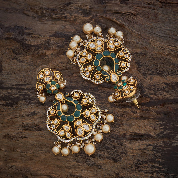8 cm Kundan Earrings With Zircon Stones And Dangling Pearls