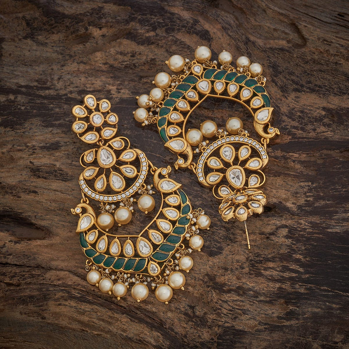 Gold-Plated Victorian Style Earrings with Intricate Kundan Work and Pearls Danglings