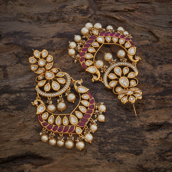 Gold-Plated Victorian Style Earrings with Intricate Kundan Work and Pearls Danglings