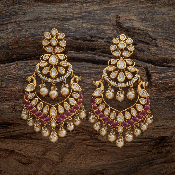 Gold-Plated Victorian Style Earrings with Intricate Kundan Work and Pearls Danglings