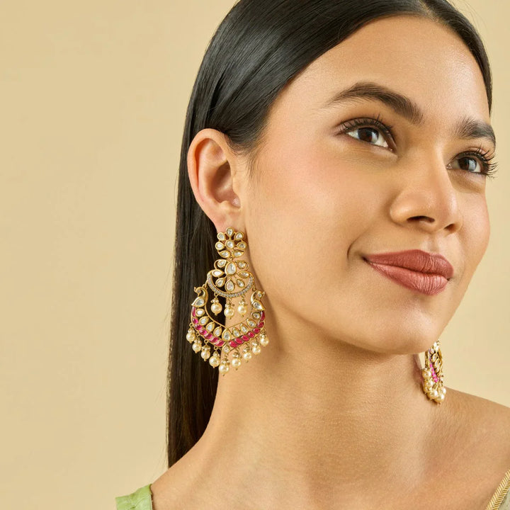 Gold-Plated Victorian Style Earrings with Intricate Kundan Work and Pearls Danglings