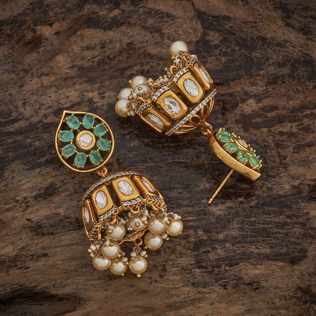 Ornate Gold-Tone Jhumkis with Victorian Kundan Design and Dangling Pearls
