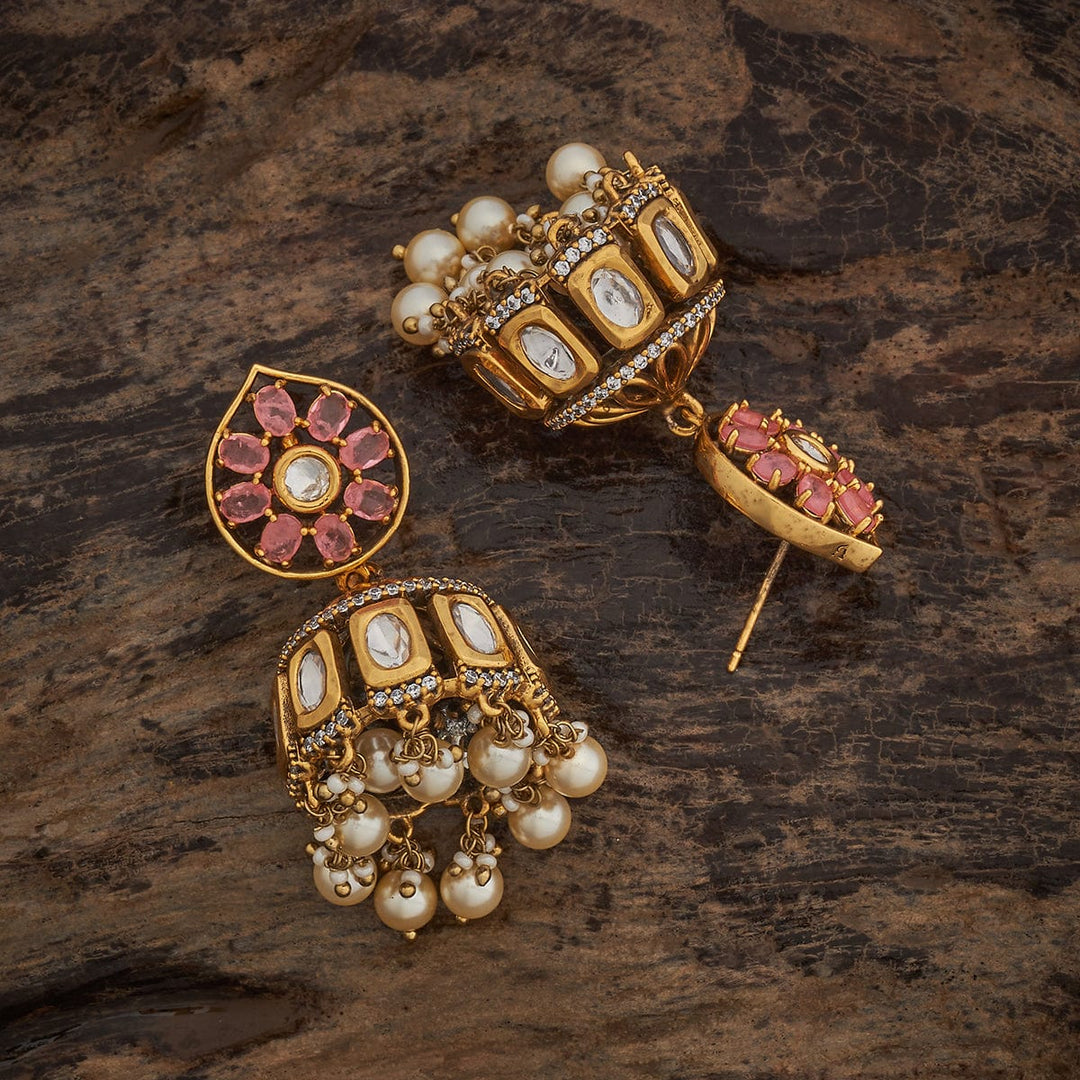 Ornate Gold-Tone Jhumkis with Victorian Kundan Design and Dangling Pearls