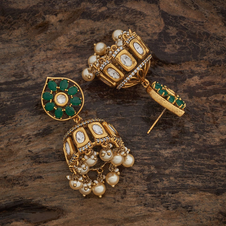 Ornate Gold-Tone Jhumkis with Victorian Kundan Design and Dangling Pearls