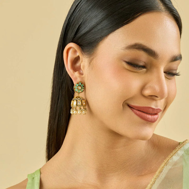 Ornate Gold-Tone Jhumkis with Victorian Kundan Design and Dangling Pearls
