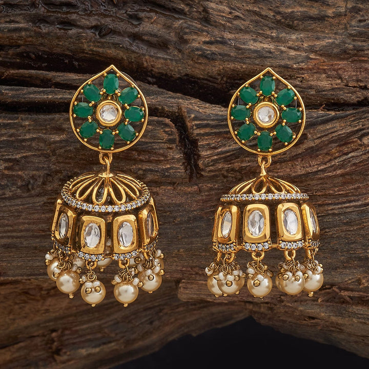 Ornate Gold-Tone Jhumkis with Victorian Kundan Design and Dangling Pearls