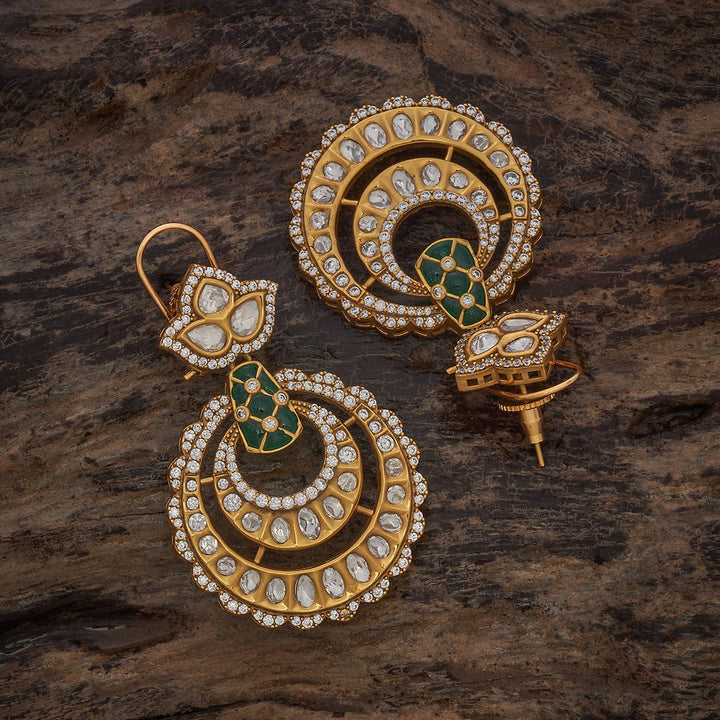 Victorian Style Gold-Plated Kundan Chandbali Earrings with White and Green Stone