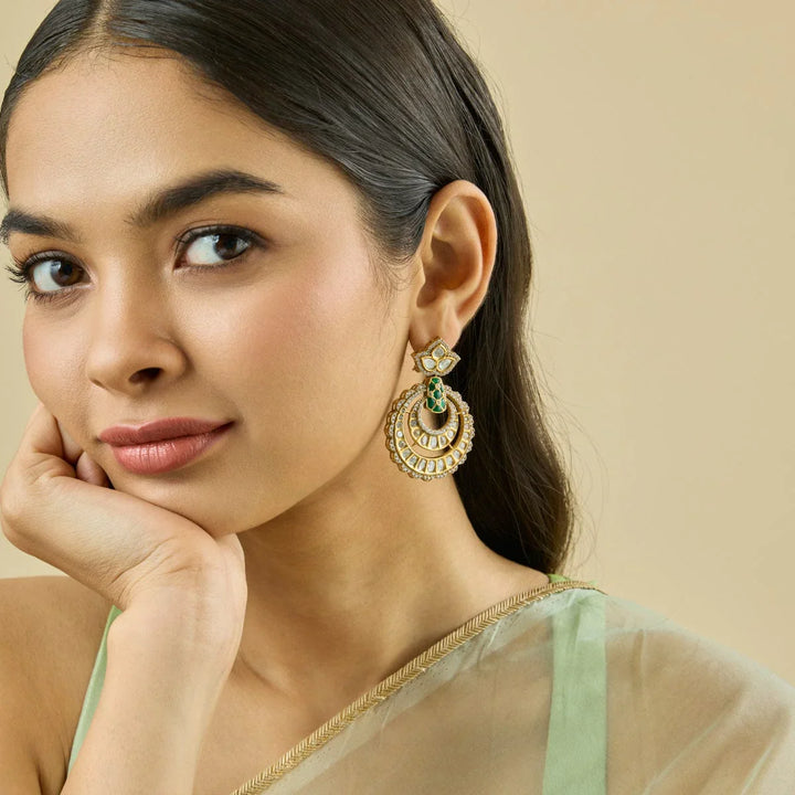 Victorian Style Gold-Plated Kundan Chandbali Earrings with White and Green Stone
