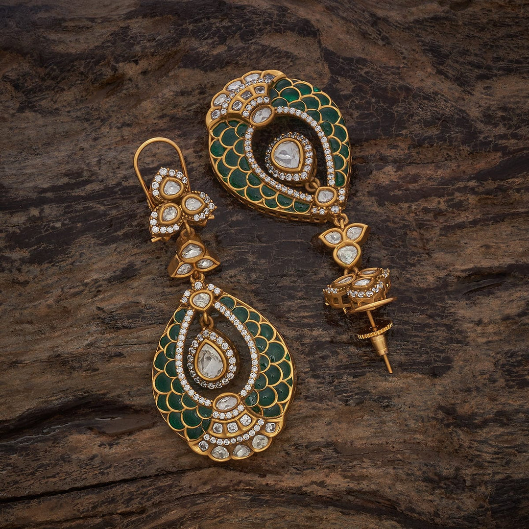 Gold-Plated Victorian Style Earrings with Intricate Kundan Work and Green Accents