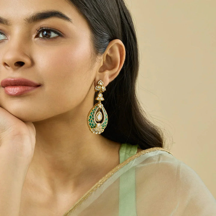 Gold-Plated Victorian Style Earrings with Intricate Kundan Work and Green Accents