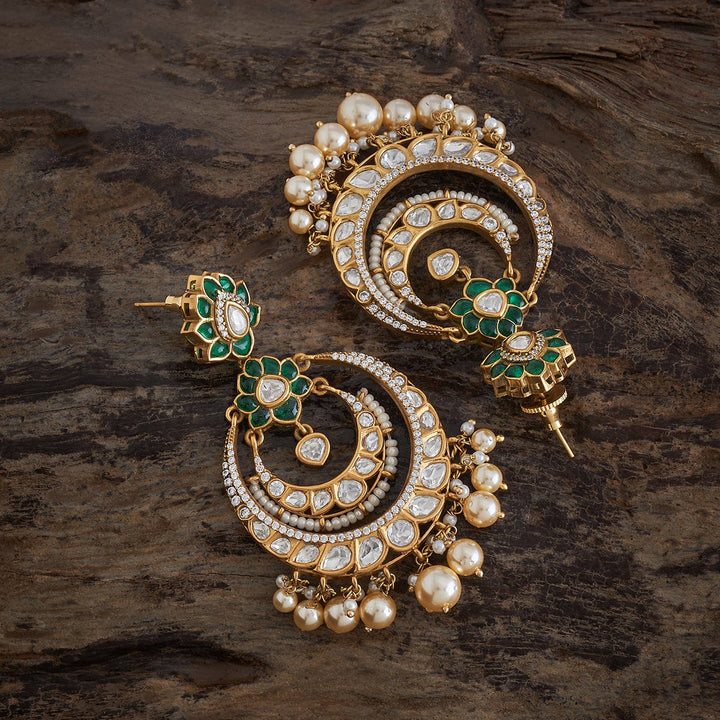 Antique Finish Victorian Chandbali Earrings with Green Stone and Dangling Pearls