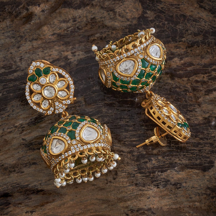 Unique Green Victorian-Plated Kundan Jhumkas with Polki and Pearl Dangling