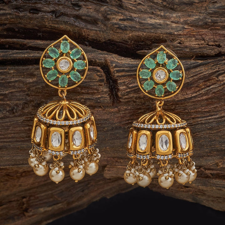 Ornate Gold-Tone Jhumkis with Victorian Kundan Design and Dangling Pearls