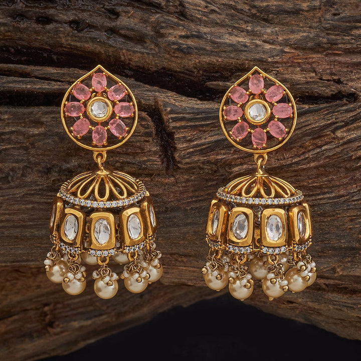 Ornate Gold-Tone Jhumkis with Victorian Kundan Design and Dangling Pearls