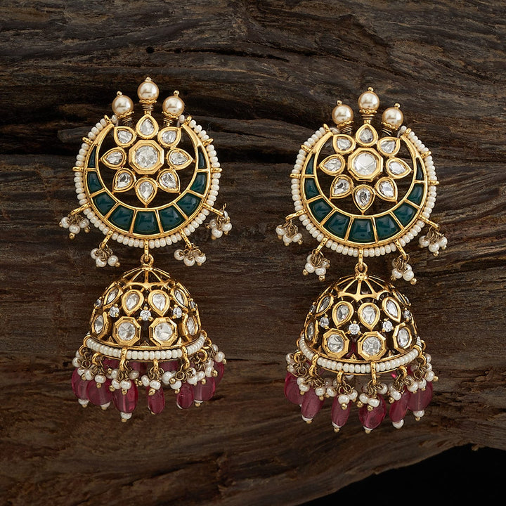 Ornate Gold-Plated Chandbalis with Intricate Kundan Work, Ruby-like Stones, and Dangling Pearls