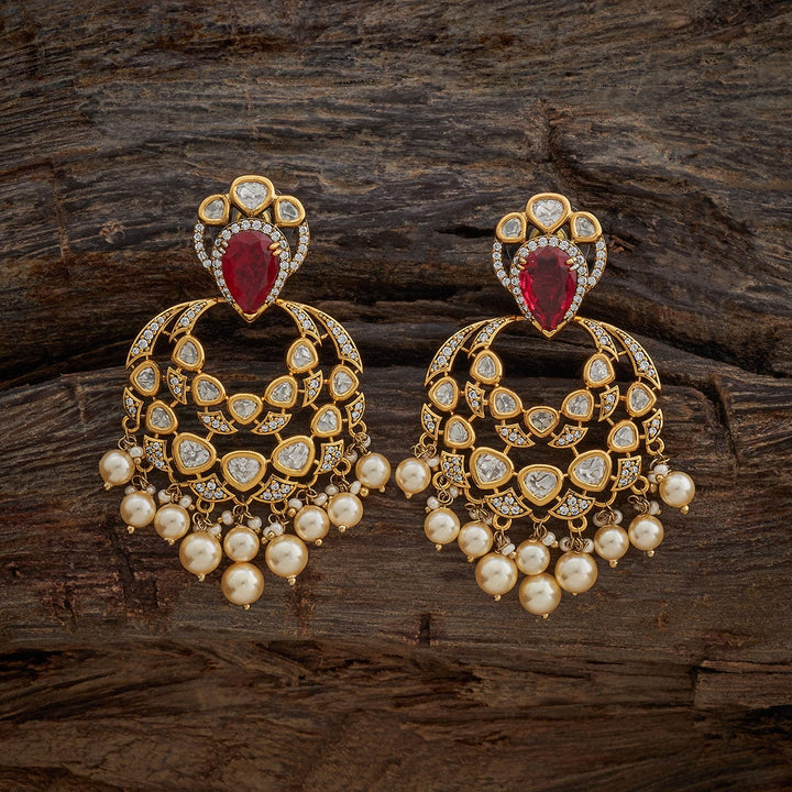 Cz Kundan Earring with dangling pearls