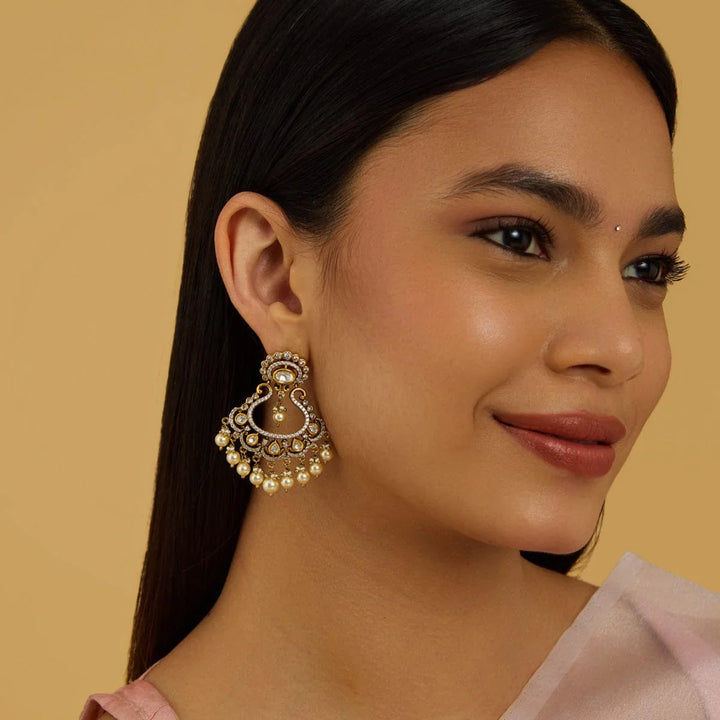 Gold-Plated Kundan Earrings with Oval White Stone and Dangling Pearls