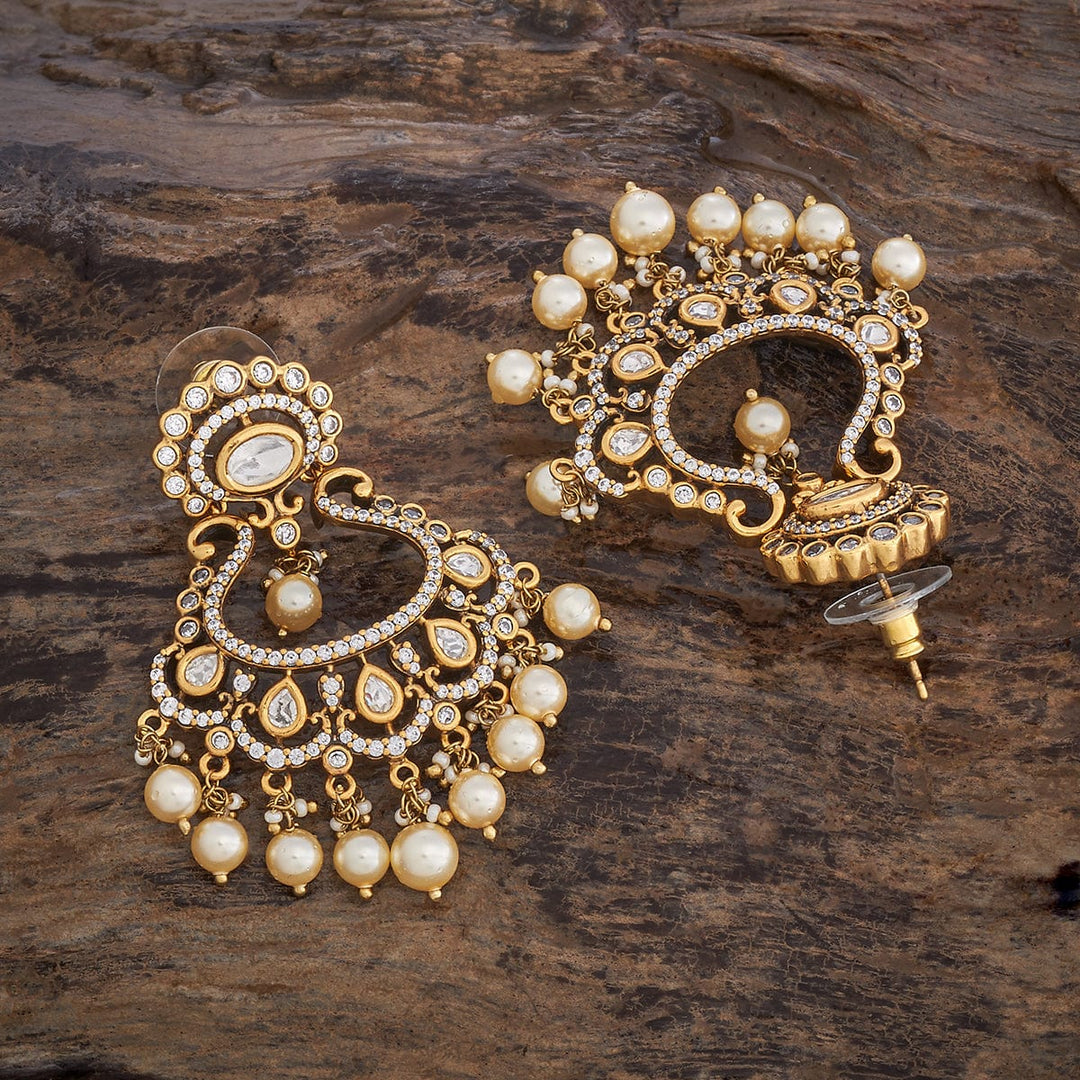 Gold-Plated Kundan Earrings with Oval White Stone and Dangling Pearls