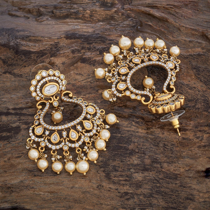 Gold-Plated Kundan Earrings with Oval White Stone and Dangling Pearls