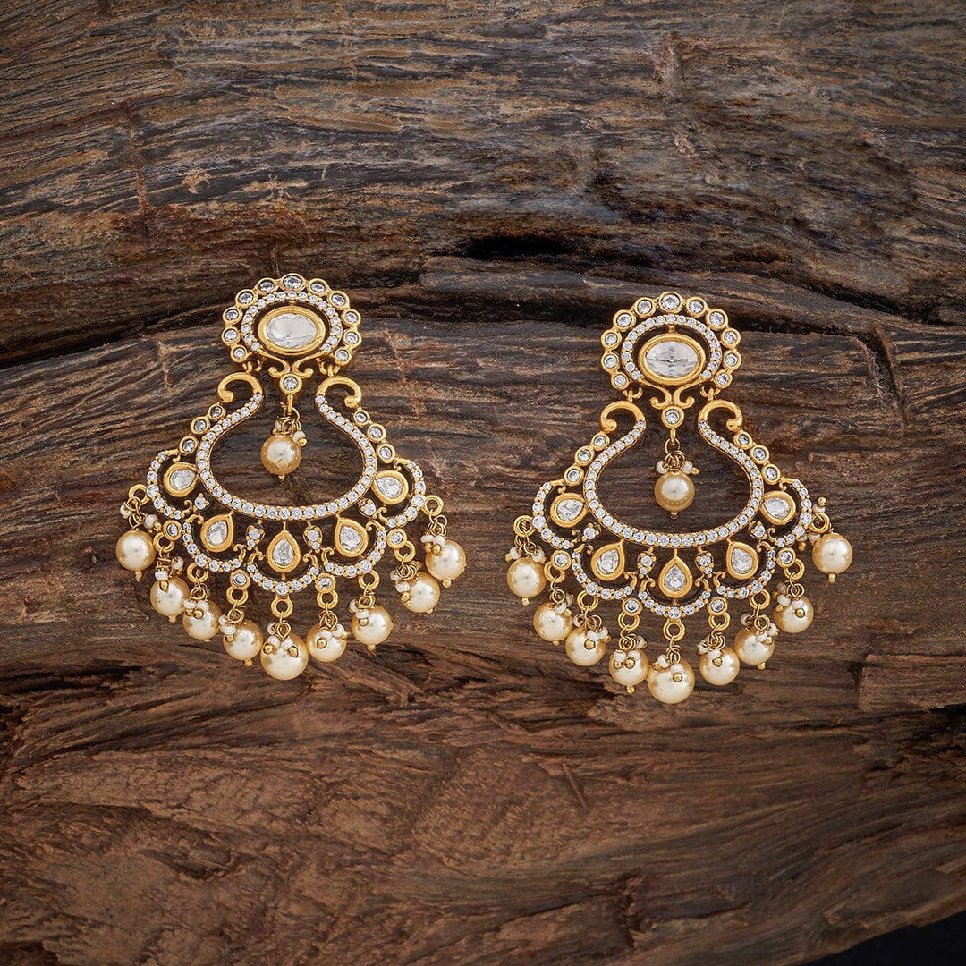 Gold-Plated Kundan Earrings with Oval White Stone and Dangling Pearls