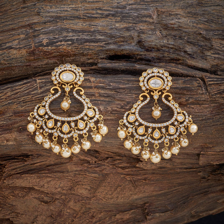Gold-Plated Kundan Earrings with Oval White Stone and Dangling Pearls