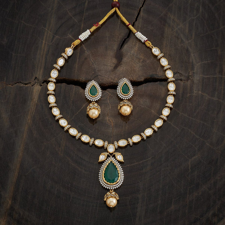 Beautiful Victorian Inspired Kundan Necklce Set with Emerald Pendants and Pearl Drops