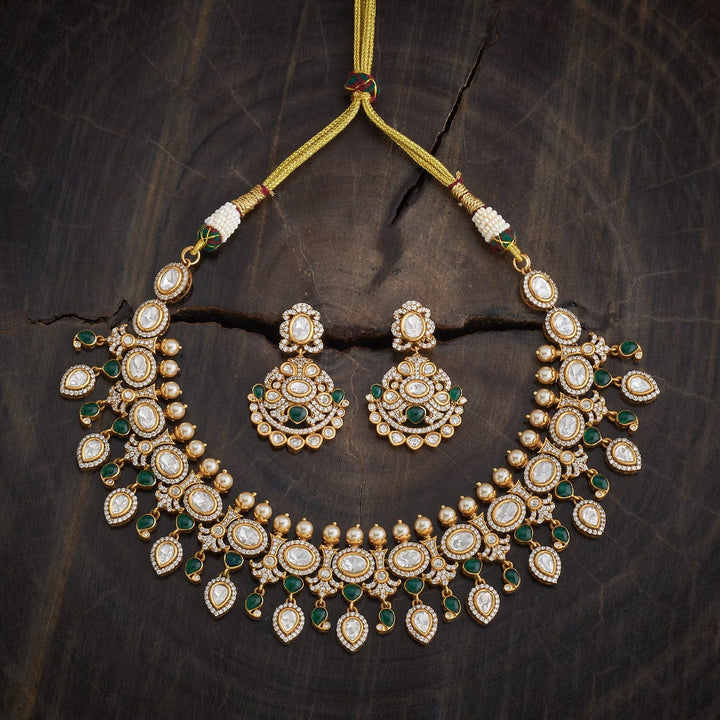 Stunning Victorian Inspired Kundan Polki Necklace Set with Green Stone Details and Pearls Accents