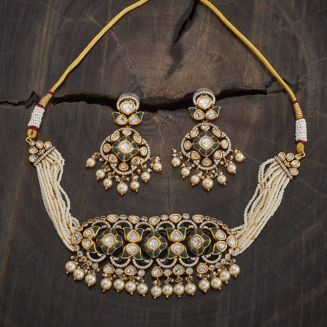 Multistrand Pearl and Kundan Choker Necklace Set with Dangling Beads