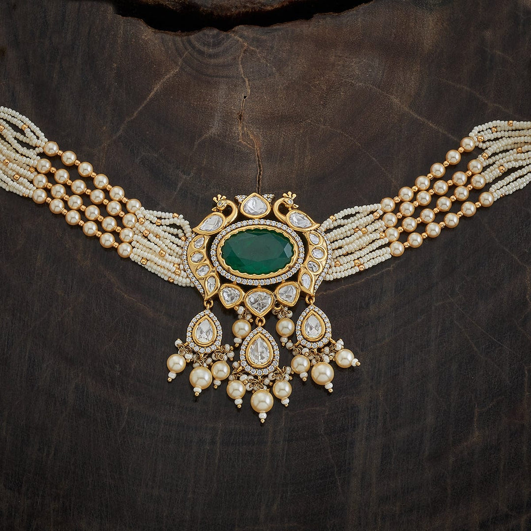 Multistrand Pearl and Kundan Necklace with Emerald Stone and CZ Details