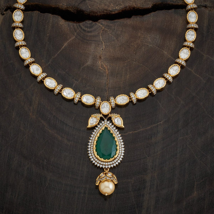 Beautiful Victorian Inspired Kundan Necklce Set with Emerald Pendants and Pearl Drops