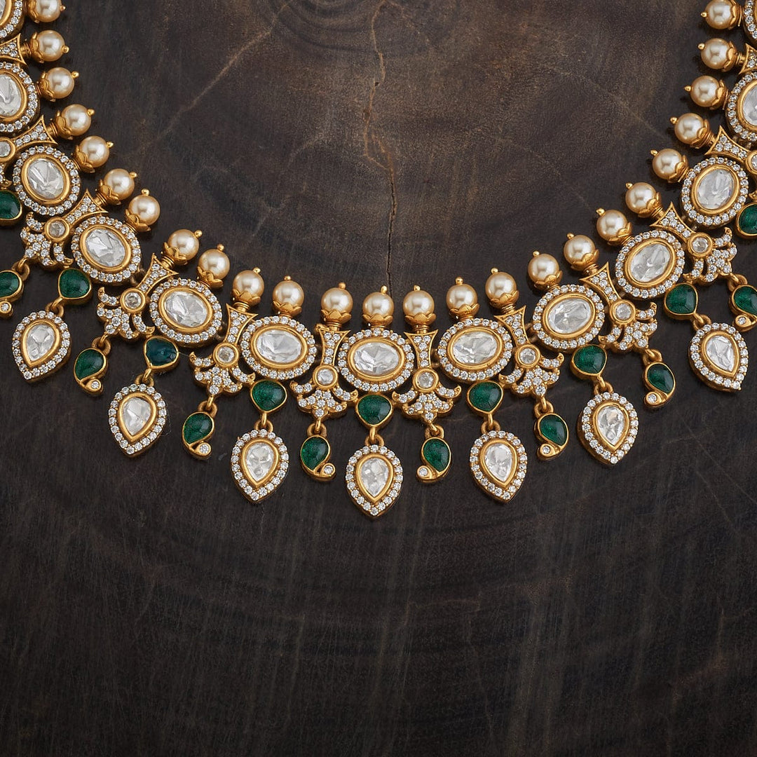 Stunning Victorian Inspired Kundan Polki Necklace Set with Green Stone Details and Pearls Accents