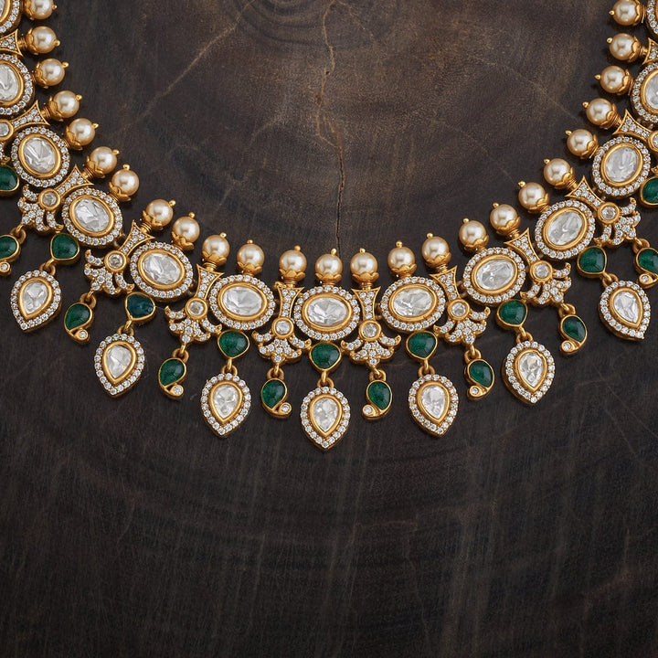 Stunning Victorian Inspired Kundan Polki Necklace Set with Green Stone Details and Pearls Accents