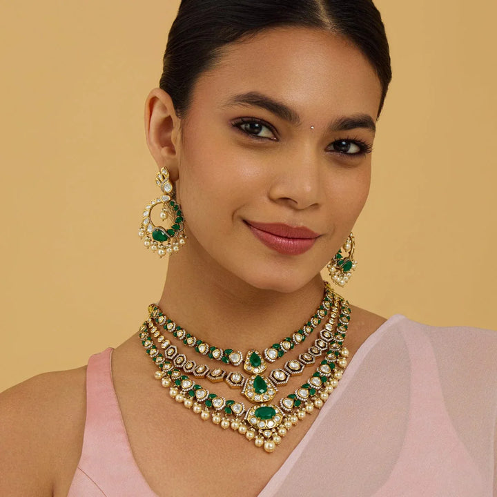 Victorian-Inspired Kundan Polki and Emerald Layered Necklace Set with Pearl Drops