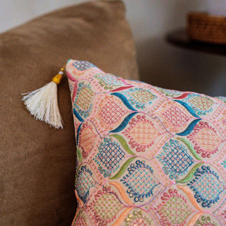 Kundan Offwhite Emboidered Cushion Cover, 16" x 16", Pack of 1