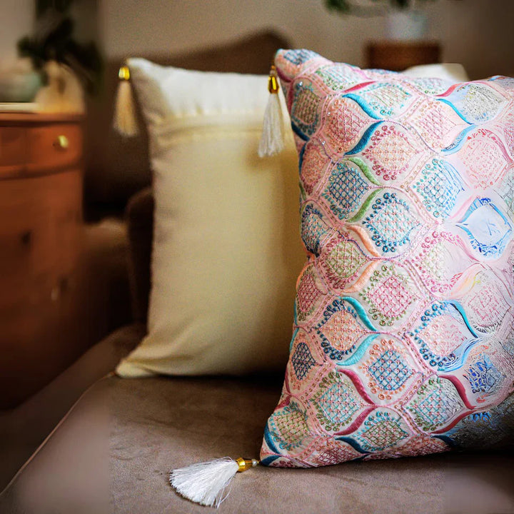 Kundan Offwhite Emboidered Cushion Cover, 16" x 16", Pack of 1
