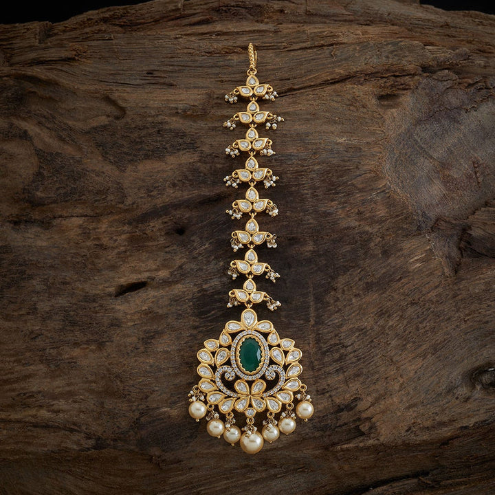 Bridal Kundan Lotus Tikka Victorian polish With Green stone