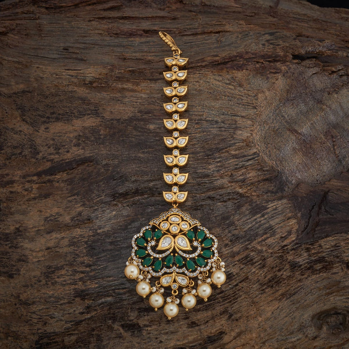 Bridal Kundan Floral Tikka Victorian polish With Green stone