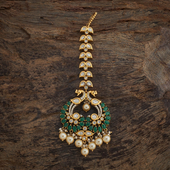 Bridal Kundan Twin Peacock Tikka Victorian polish With Green stone