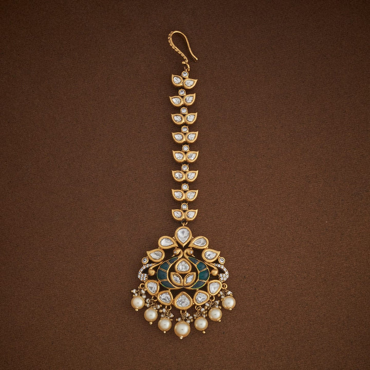 Bridal Kundan Twin Peacock Tikka Victorian polish With Green stone