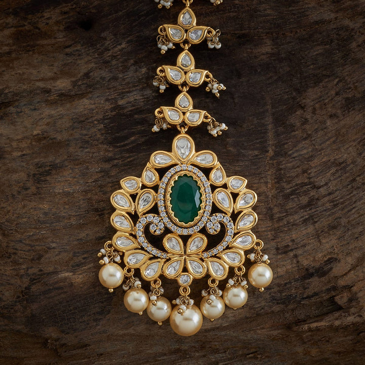 Bridal Kundan Lotus Tikka Victorian polish With Green stone